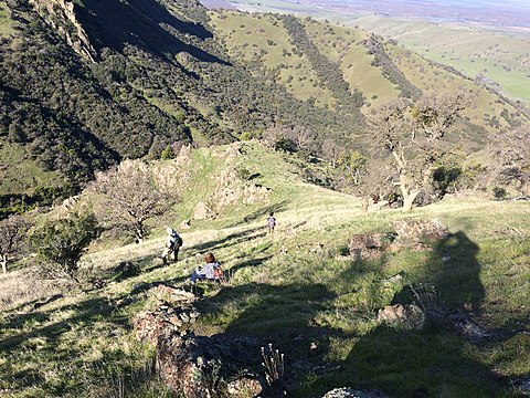 High transect hikers resting while ascending a slope in the Sutter Buttes, California