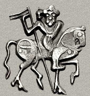 Horseman on a coin of Spalapati, i.e. the "War-lord" of the Hindu Shahis. The headgear has been interpreted as a turban.[51]