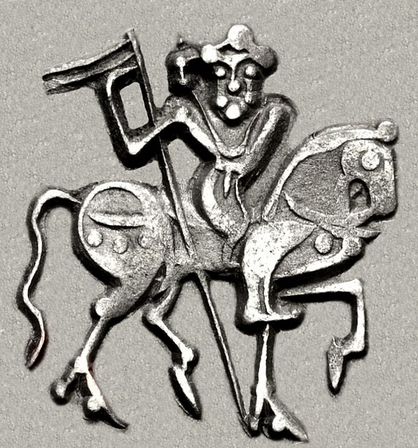 Horseman on a coin of Spalapati, i.e. the "War-lord" of the Hindu Shahis. The headgear has been interpreted as a turban.