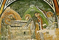 Погребение Христово и явяване на ангела на жените мироносци (фреска от криптата на католикона)