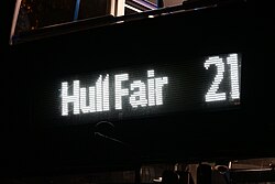 A destination display on a Stagecoach bus laying over at the Humber Bridge park & ride site for the 2023 instalment of Hull Fair.