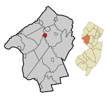 Mapa de Clinton en el condado de Hunterdon.  Recuadro: Ubicación del condado de Hunterdon resaltada en el estado de Nueva Jersey.