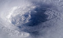 A close-up photo of Hurricane Isabel's eye as seen from the International Space Station