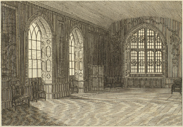 Etching of the Jerusalem Chamber, a large room with three arched windows.