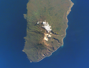 NASA image of the southern tip of Iturup with the Berutarube volcano