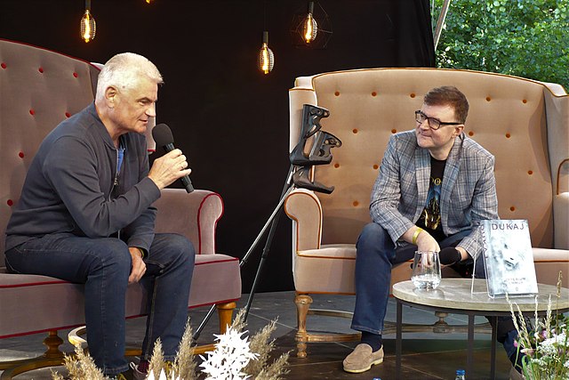 Dukaj (right) at the Literary Heights Festival, 2022