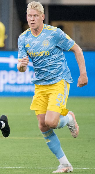 Jakob Glesnes during a May 2021 match is shown wearing the club's light blue away kit