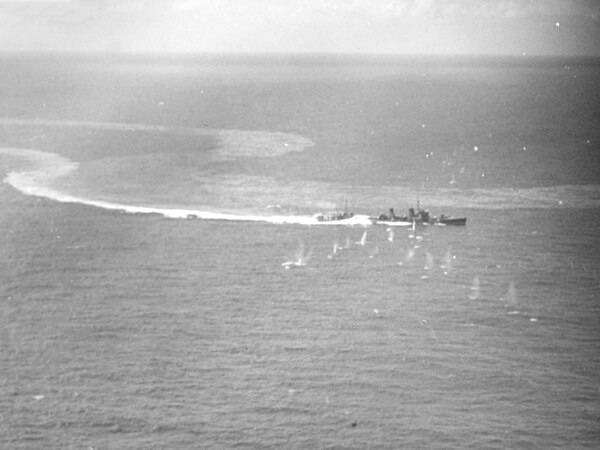 A Japanese destroyer (probably Oite) under U.S. Navy aircraft attack near Truk Lagoon on 18 February 1944