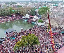 The new flag being erected during the Jhanda Mela in the temple precincts. Jhanda Mela Dehradun.jpg