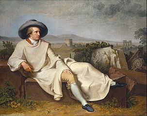 La plej fama pentraĵo de Tischbein nome: Goethe en la Roma kamparo, 1787