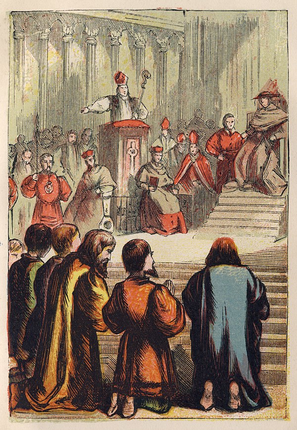 "Barnes and his Fellow-Prisoners Seeking Forgiveness", from an 1887 edition of Foxe's Book of Martyrs, illustrated by Kronheim.