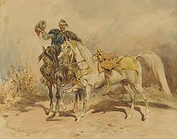 Cossack with a Horse label QS:Len,"Cossack with a Horse" label QS:Lpl,"Kozak z końmi" , watercolor on paper medium QS:P186,Q22915256;P186,Q11472,P518,Q861259 , 1884