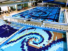 Interior of Karori swimming pool showing the children's pool in the foreground and the main 25m lane pool at the rear Karori swimming pool.jpg