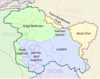 Blue area represents the former Indian-administered state of Jammu and Kashmir, green represents Pakistan-administered regions of Kashmir and yellow represents China-administered regions of Kashmir