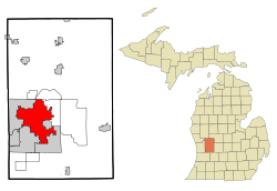 左: ケント郡におけるグランドラピッズの市域 右: ミシガン州におけるケント郡の位置の位置図