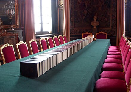 The Council Chamber (Swedish: Konseljsalen) at Stockholm Palace in Sweden, 2011. Before 1975, the monarch used to preside over meetings of the Council of State.