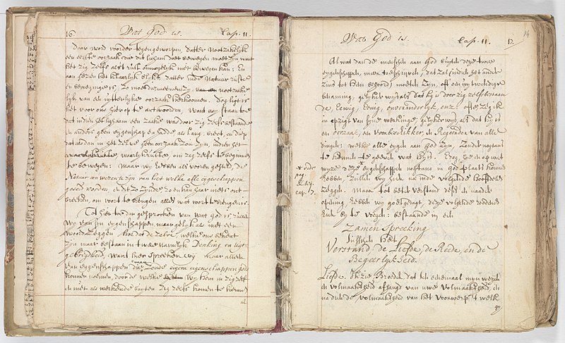 File:Korte verhandeling van God, de mensch, en deszelvs welstand - KB 75 G15 - folios 013v (left) and 014r (right).jpg