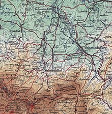 Krummhübel nordnordöstlich der Schneekoppe im Riesengebirge, südlich von Arnsdorf und südwestlich von Schmiedeberg auf einer Landkarte um ca. 1900