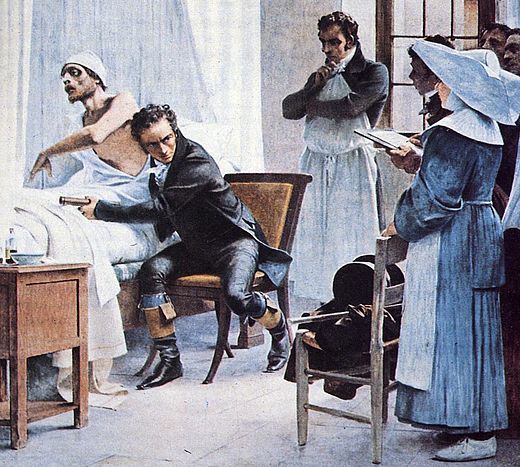 Laennec ausculteert een patiënt in het bijzijn van zijn studenten (1816).