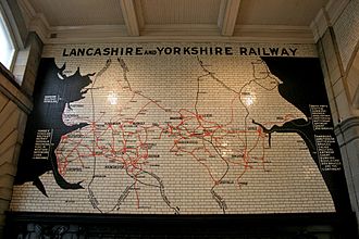 A 1900 tiled mural of the rail network of the Lancashire and Yorkshire Railway Company at Manchester Victoria. Lancashire and Yorkshire Railway map at Victoria Station.jpg