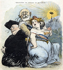 Caricature figurant un homme tranchant les liens unissant l'église, représenté par un abbé, et la République française, représentant une femme.