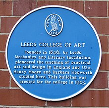 Dedicated Blue plaque at the Vernon Street site Leeds College of Art blue plaque.jpg