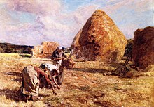 Tableau montrant des paysannes ramassant du blé, de grandes meules figurant à l'arrière-plan.