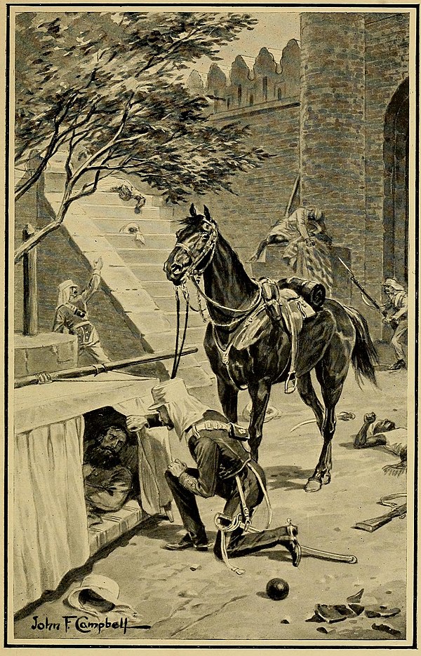 Lieutenant Frederick Roberts finding the mortally wounded General Nicholson by the Kashmir Gate during the Siege of Delhi.