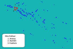 Les îles Palliser au nord-ouest de l’archipel des Tuamotu. Les atolls figurés en rouge sont ceux du groupe central situés sur la commune d'Arutua.