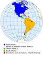 Division of the Americas into North, Central and South America and the West Indies