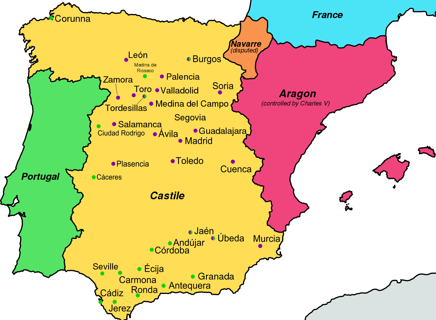 Map of Spain with cities colored by affiliation; see text for details.