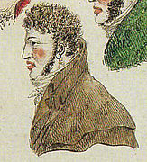 Portrait au crayon de couleurs du profil gauche d'un homme un manteau marron.