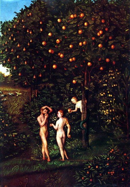 The Tree of Knowledge depicted, with Adam and Eve, where the Tree of life is described as part of the Garden of Eden in the Hebrew bible.