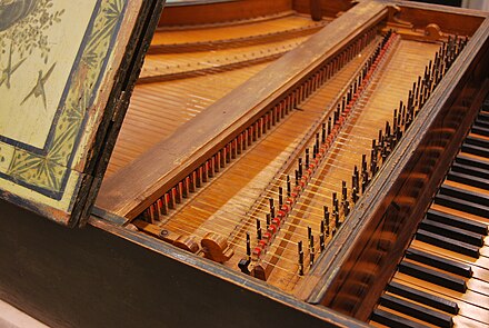 Detail of the mechanism of the Harpsichord by Christian Zell, at Museu de la Música de Barcelona