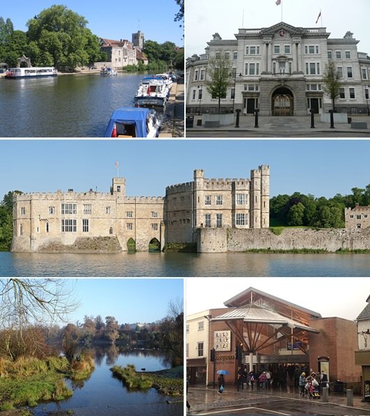 From top left: River Medway with Maidstone's historic All Saints Church, County Hall, Leeds Castle, Mote Park, The Mall Maidstone shopping centre.