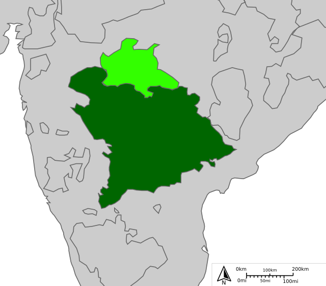 Hyderabad (hijau gelap) dan Provinsi Berar, bukan sebahagian Negara Hyderabad, tetapi juga di bawah Dominion Nizam dari 1853 hingga 1903 (hijau cair)