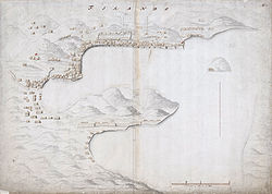 Topographical map of the bay of Hirado in 1621. To the right on the shore-line, the Dutch East India Company trading post is marked with the red-white-blue flag of the Netherlands. To the far left, somewhat back from the shore-line, notice the white flag with the red cross, the St George's Cross of England at the East India Company trading post - drawing, 1621. Map of the bay of Hirado.jpg