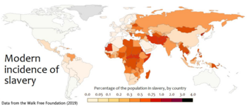 The prevalence of modern slavery, as a percentage of the population, by country, as estimated by the Walk Free Foundation. Maps Global Slavery Index 2019.png