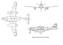 3-view drawing of the Me 262 Messerschmitt Me 262 Schwalbe 3d drawing.svg