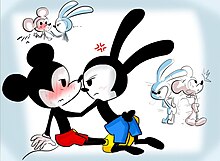 Fan art of Mickey Mouse and Oswald the Lucky Rabbit. Members of fandoms often create fan arts depicting fictional characters that they ship in romantic situations Mickey Oswald ship art.jpg