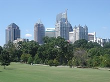 The skyline of Midtown (viewed from Piedmont Park) emerged with the construction of modernist Colony Square in 1972. Midtown Atlanta.JPG