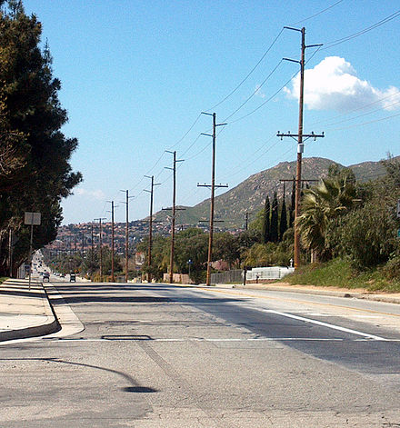 A view of Moreno Valley looking west down Ironwood Avenue. Box Springs Mountain is visible at right.