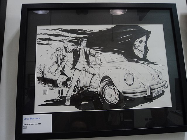 Dylan Dog alongside Groucho and his Beetle. Art by Luca Maresca