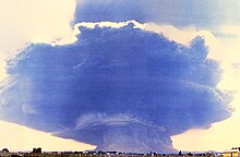 The eruption column produced by the 1980 eruption of Mount St. Helens as seen from Toledo, which lies 35 mi (56 km) to the northeast of Mount St. Helens. The cloud was roughly 40 mi (64 km) wide and 15 mi (24 km; 79,000 ft) high. MtStHelens Mushroom Cloud.jpg
