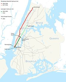 La carte montre l'IRT Broadway-Seventh Avenue Line en rouge, l'IRT Lexington Avenue Line en vert et l'IRT 42nd Street Shuttle en gris.