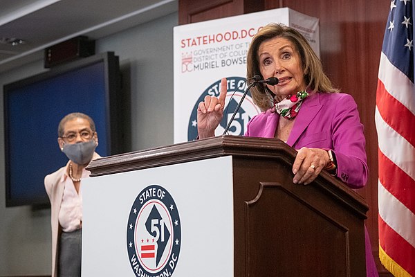 House Speaker Nancy Pelosi speaking in support of D.C. statehood in 2020.