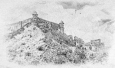 This is an artwork of Nand Mahal, a palace built by Thakur Ranmat Singh on the top of a hill in Baderi, Umaria, Madhya Pradesh, India. It was built in 16th century to use as residence of Baghela legion and it was also an army headquater of Rewa State. It was situated on hill so it was also used as protection of Bandhavgarh Fort and also used as hunting site for royal princes.