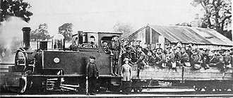 Hunslet locomotive Leeds No.  1 of the Leeds Corporation fully occupied with Leeds Pals soldiers