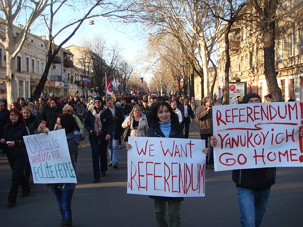 Pro-Russian protesters in Odesa, Ukraine, demanding a referendum, March 30, 2014