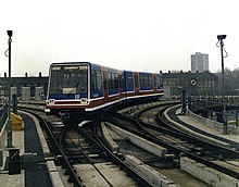 P86 stock passing through the flat junction at Poplar bound for Stratford, 1987 Original DLR train Delta Junction at West India Quay.jpg